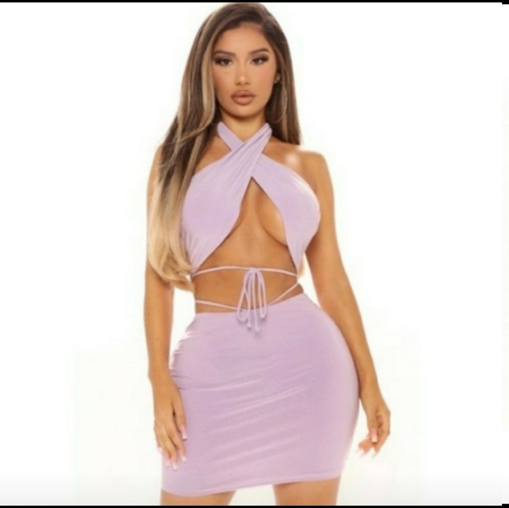 🆕Purple Lilac Sexy Two Piece Open Front Halter Top & Skirt Dress Set    Size M - Picture 4 of 13